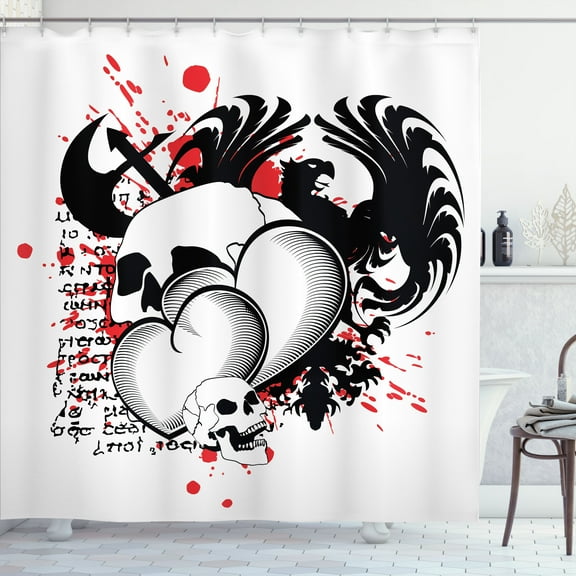 Ambesonne Tattoo Shower Curtain, Skull Eagle Love Hearts, 69"Wx75"L, Black White and Red