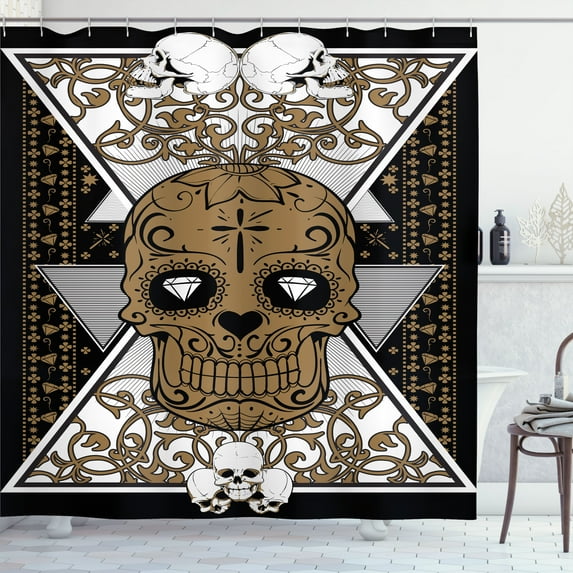 Ambesonne Tattoo Shower Curtain, Skull and Flowers Tattoo, 69"Wx75"L, Brown and Black