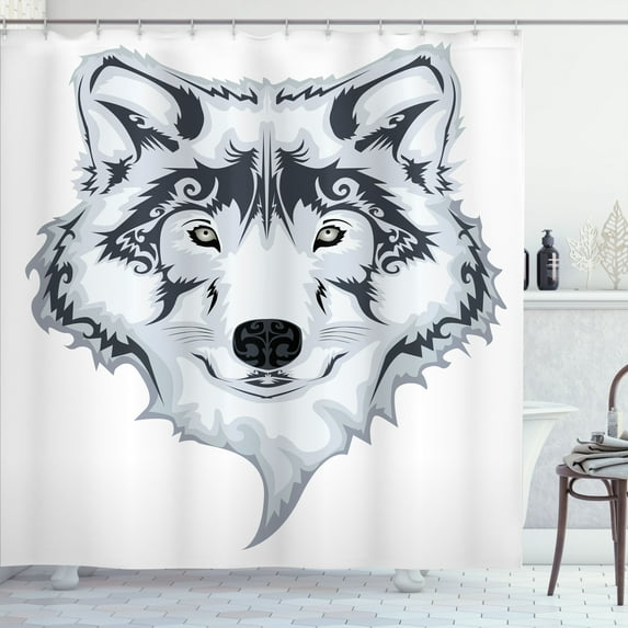 Ambesonne Tattoo Shower Curtain, Tibal Wild Wolf Tattoo, 69"Wx75"L, White and Black