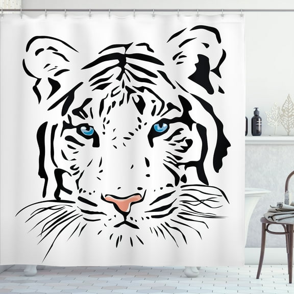 Ambesonne Tattoo Shower Curtain, Tiger Ocean Blue Eyes, 69"Wx75"L, White Black and Blue