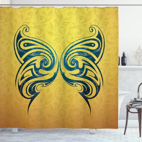 Ambesonne Tattoo Shower Curtain, Tribe Design Butterfly, 69"Wx70"L, Blue and Yellow