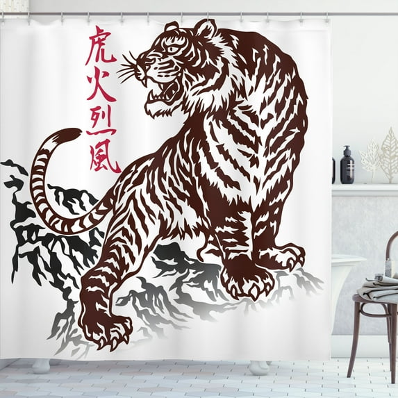 Ambesonne Tattoo Shower Curtain, Wild Chinese Tiger, 69"Wx70"L, Brown White