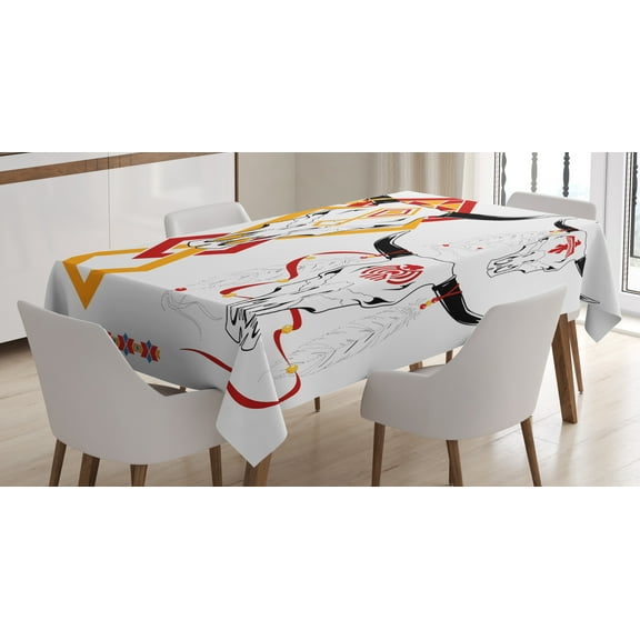 Ambesonne Tattoo Tablecloth Rectangular Table Cover, Bulls Head with Feather, 60"x84", Red Yellow and White