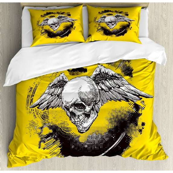 Ambesonne Tattoo Theme Duvet Cover Sets, Skull Wings Gothic Art, 2-Queen, Yellow White and Black