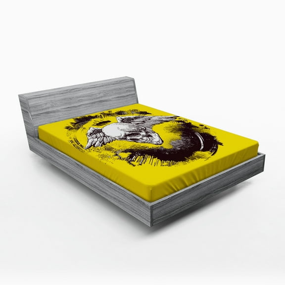 Ambesonne Tattoo Theme Fitted Sheet, Skull Wings Gothic Art, Full Size, Yellow White and Black