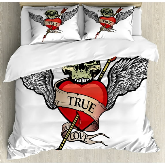 Ambesonne Tattoo Themed Duvet Cover Sets, Old School Love Skull, 2-King, White Black Red