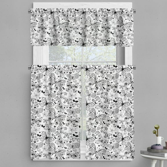 Ambesonne Tattoo Valance & Curtain, Floral Butterflies Art, 55"x24", Black White