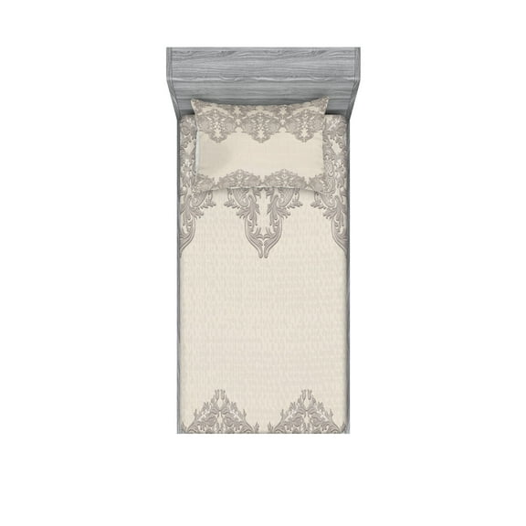 Ambesonne Taupe Fitted Sheet & Pillow Sham Set, Retro Delicate Lace Like, Twinxl, Taupe