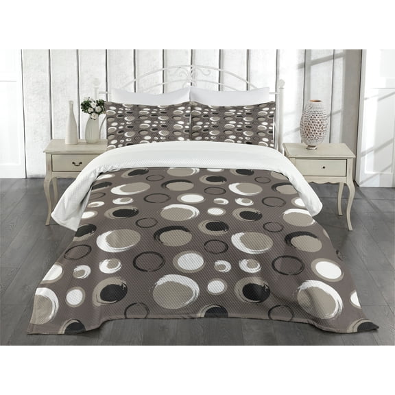 Ambesonne Taupe Quilted Bedspread Set 3 Pcs, Dots Brushstrokes Grunge, King Size, Black White Taupe