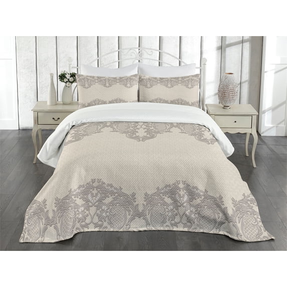 Ambesonne Taupe Quilted Bedspread Set 3 Pcs, Retro Delicate Lace Like, King Size, Taupe