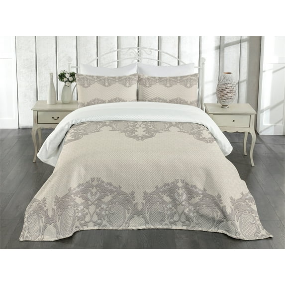 Ambesonne Taupe Quilted Bedspread Set 3 Pcs, Retro Delicate Lace Like, Queen Size, Taupe