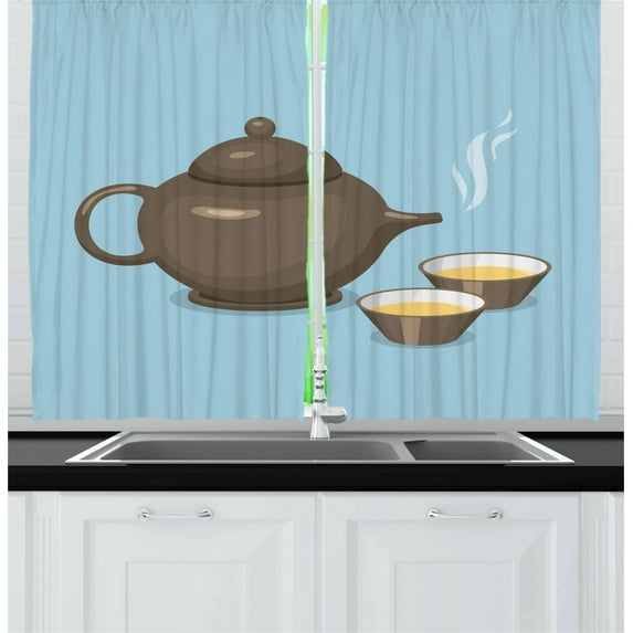Ambesonne Tea Kitchen Curtains, Tea Cups Beverage Drink Theme, 55"x39", Dark Taupe Pale Blue