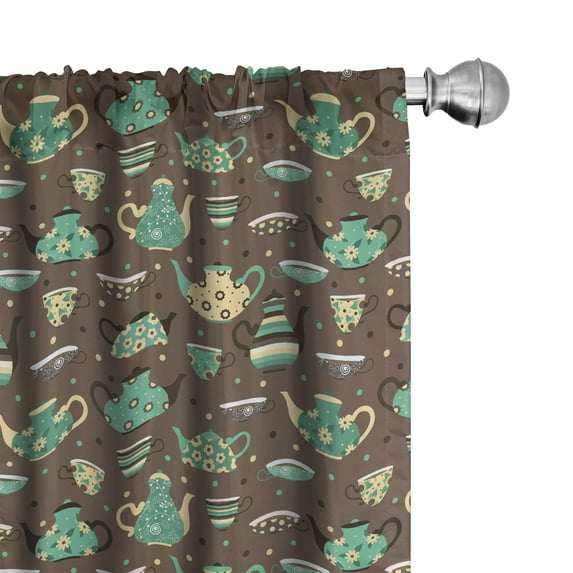 Ambesonne Tea Party Window Curtains, Dotted Cups and Pots, Each 28" W x 84" L, Sea Green Brown Beige
