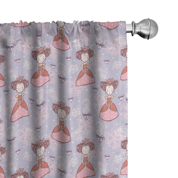 Ambesonne Tea Party Window Curtains, Teapots Cups Art Drawing, Each 28" W x 63" L, Lilac Pink Coral