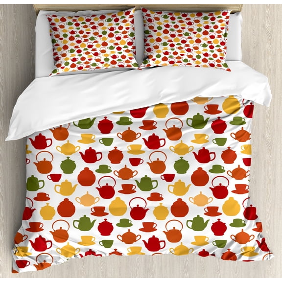 Ambesonne Tea Party Duvet Cover Set, Cups and Teapot Motifs, Queen, Pale Orange and Olive Green
