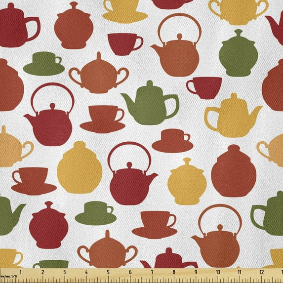 Ambesonne Tea Party Fabric by the Yard Microfiber, Cups and Teapot Motifs, 3 Yards, Pale Orange and Olive Green