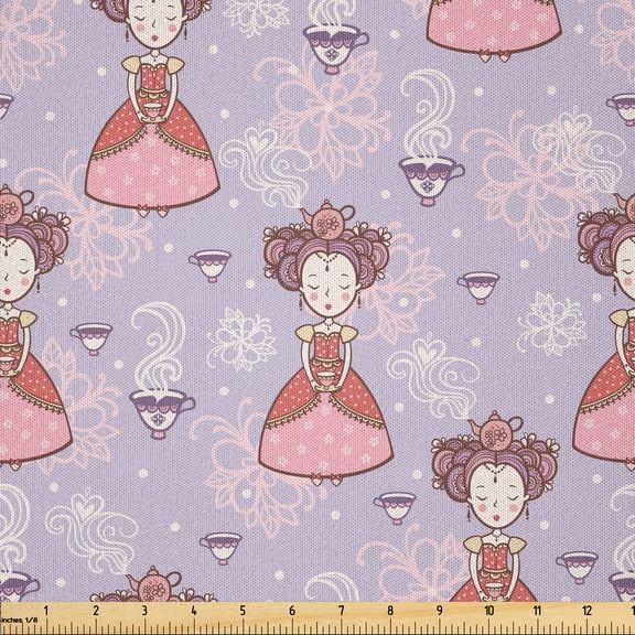 Ambesonne Tea Party Fabric by the Yard Microfiber, Teapots Cups Art Drawing, 2 Yards, Lilac Pink Coral