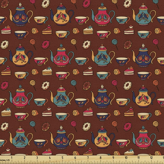 Ambesonne Tea Party Fabric by the Yard Upholstery, British Tea Ceremony Art, 3 Yards, Redbrown and Multicolor