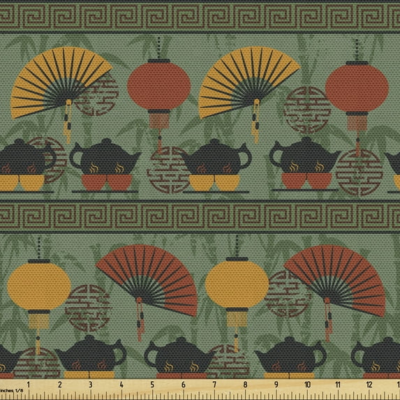 Ambesonne Tea Party Fabric by the Yard Upholstery, Chinese Vibes Print Boho, 1 Yard, Reseda Green and Marigold