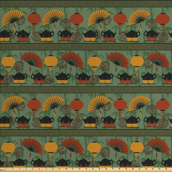 Ambesonne Tea Party Fabric by the Yard Upholstery, Chinese Vibes Print Boho, 10 Yards, Reseda Green and Marigold
