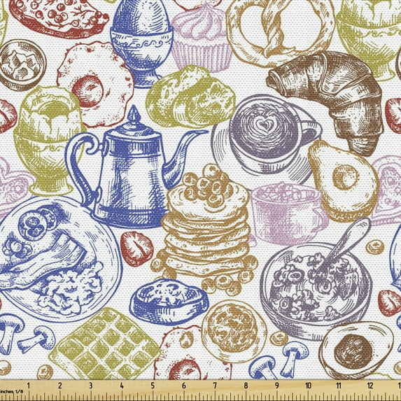 Ambesonne Tea Party Fabric by the Yard Upholstery, English Breakfast Waffle, 1 Yard, Violet Blue Khaki