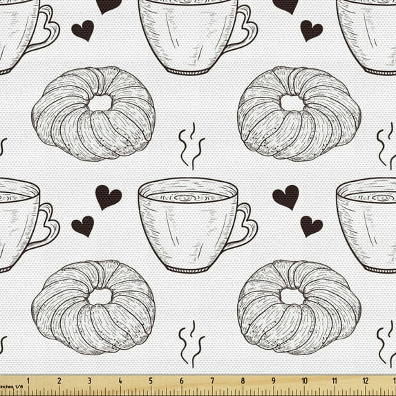 Ambesonne Tea Party Fabric by the Yard Upholstery, Freshly Baked Bun Tea, 3 Yards, Charcoal Grey and White