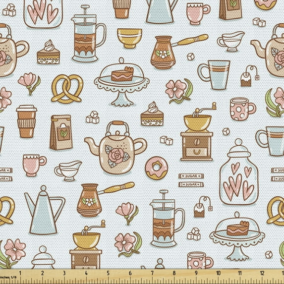 Ambesonne Tea Party Fabric by the Yard Upholstery, Scattered Coffee Mocha, 3 Yards, Pale Caramel Peach