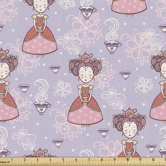 Ambesonne Tea Party Fabric by the Yard Upholstery, Teapots Cups Art Drawing, 1 Yard, Lilac Pink Coral