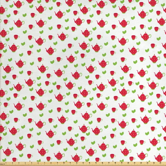 Ambesonne Tea Party Fabric by the Yard Upholstery, Teapots Polka Dots, 5 Yards, Dark Coral Green