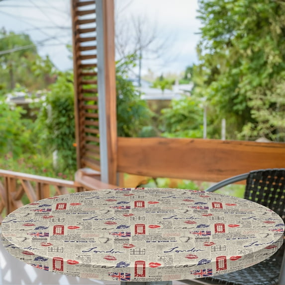 Ambesonne Tea Party Fitted Round Tablecloth, Newspaper Kiss Marks, 36"- 40" Diameter, Beige Navy Blue Red