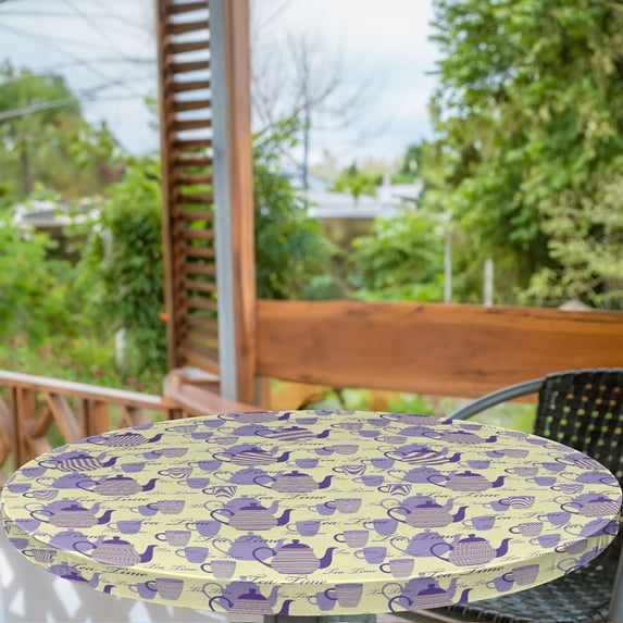 Ambesonne Tea Party Fitted Round Tablecloth, Striped Teapots Cups, 40"- 44" Diameter, Pale Yellow Lavender