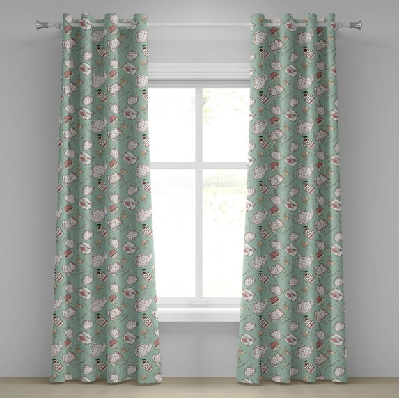 Ambesonne Tea Party Grommet Curtain, Dotted Pots and Cups, 50" x 72", Almond Green Coral