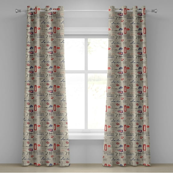 Ambesonne Tea Party Grommet Curtain, Newspaper Kiss Marks, 50" x 72", Beige Navy Blue Red
