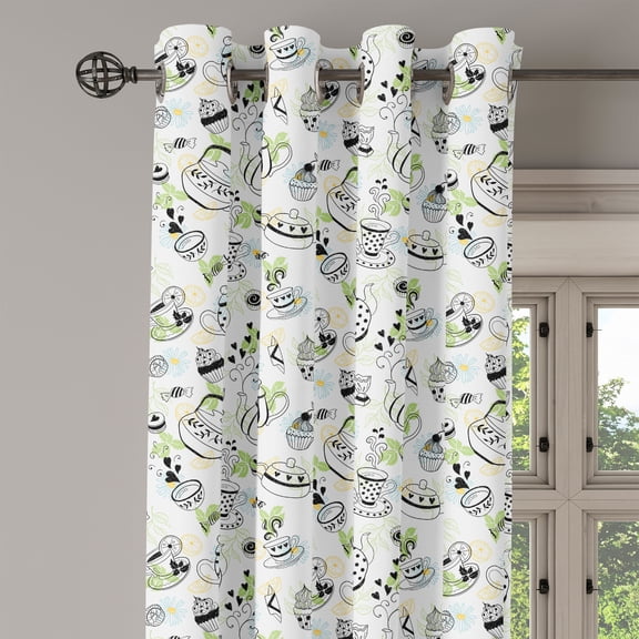 Ambesonne Tea Party Grommet Curtain Single Panel, Doodle Hearts, 50"x60", Black White Green