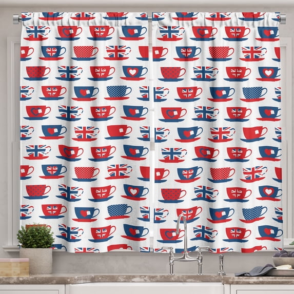 Ambesonne Tea Party Kitchen Curtains, Britain Teacups, 55"x45", Vermilion Night Blue