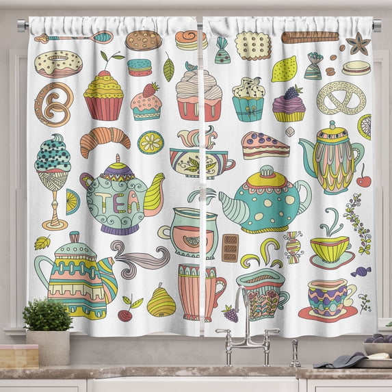Ambesonne Tea Party Kitchen Curtains, Coffee and Dessert, 55"x39", Multicolor