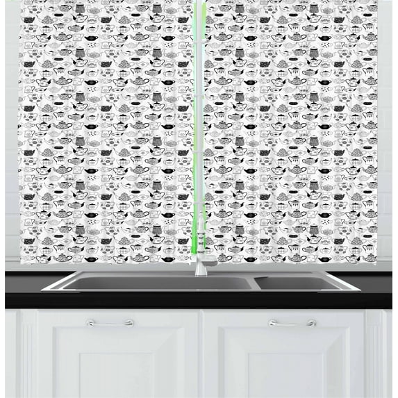 Ambesonne Tea Party Kitchen Curtains, Timeless Teapots, 55"x39", Black White
