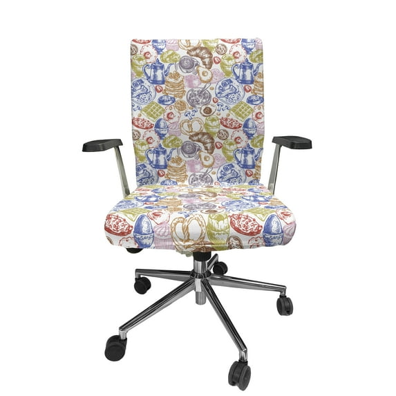 Ambesonne Tea Party Office Chair Cover Stretchable High Back, English Breakfast Waffle, Violet Blue Khaki