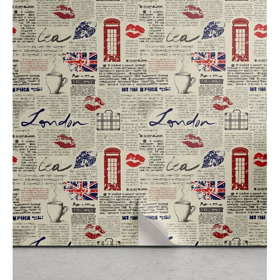 Ambesonne Tea Party Peel & Stick Wallpaper for Home, Newspaper Kiss Marks, 13"x100", Beige Navy Blue Red