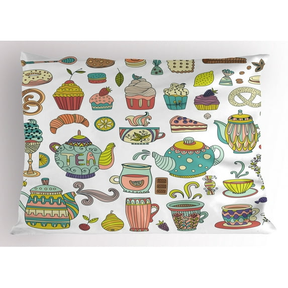 Ambesonne Tea Party Pillow Sham, Coffee and Dessert, 26" X 20", Multicolor