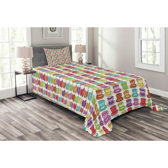 Ambesonne Tea Party Quilted Bedspread Set 2 Pcs, Colorful Cup Design, Twin Size, Multicolor