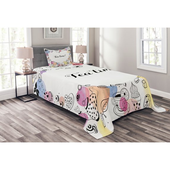 Ambesonne Tea Party Quilted Bedspread Set 2 Pcs, Doodle Frame, Twin Size, Multicolor