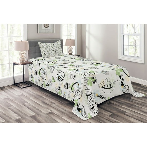 Ambesonne Tea Party Quilted Bedspread Set 2 Pcs, Doodle Hearts, Twin Size, Black White Green
