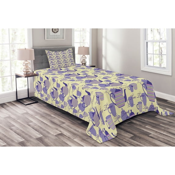 Ambesonne Tea Party Quilted Bedspread Set 2 Pcs, Striped Teapots Cups, Twin Size, Pale Yellow Lavender