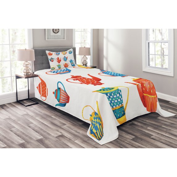 Ambesonne Tea Party Quilted Bedspread Set 2 Pcs, Teapots Design, Twin Size, Blue Vermilion Yellow