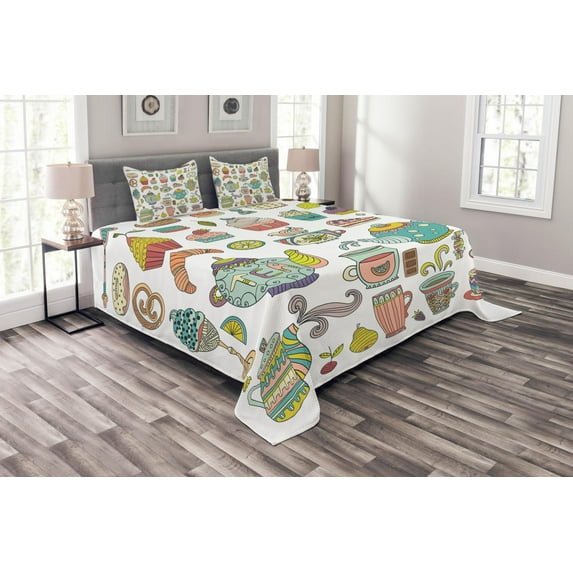 Ambesonne Tea Party Quilted Bedspread Set 3 Pcs, Coffee and Dessert, King Size, Multicolor