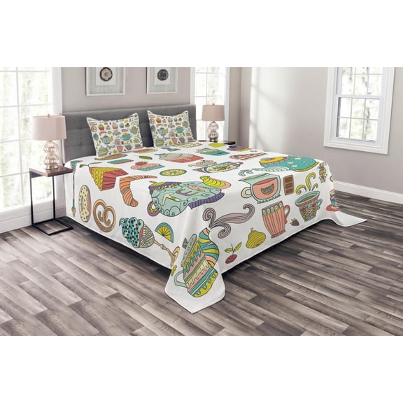 Ambesonne Tea Party Quilted Bedspread Set 3 Pcs, Coffee and Dessert, Queen Size, Multicolor