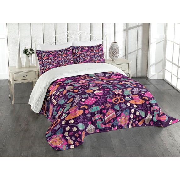 Ambesonne Tea Party Quilted Bedspread Set 3 Pcs, Cupcakes Sugar Cups, King Size, Multicolor