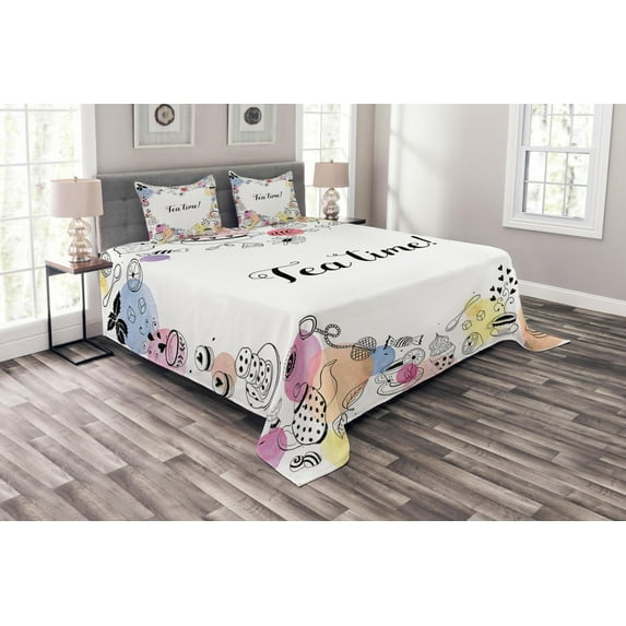 Ambesonne Tea Party Quilted Bedspread Set 3 Pcs, Doodle Frame, Queen Size, Multicolor