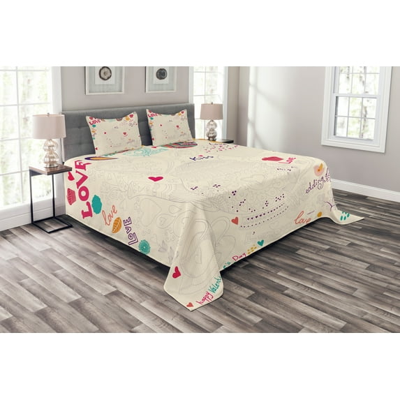 Ambesonne Tea Party Quilted Bedspread Set 3 Pcs, Hand Drawn Doodle Pot, Queen Size, Multicolor